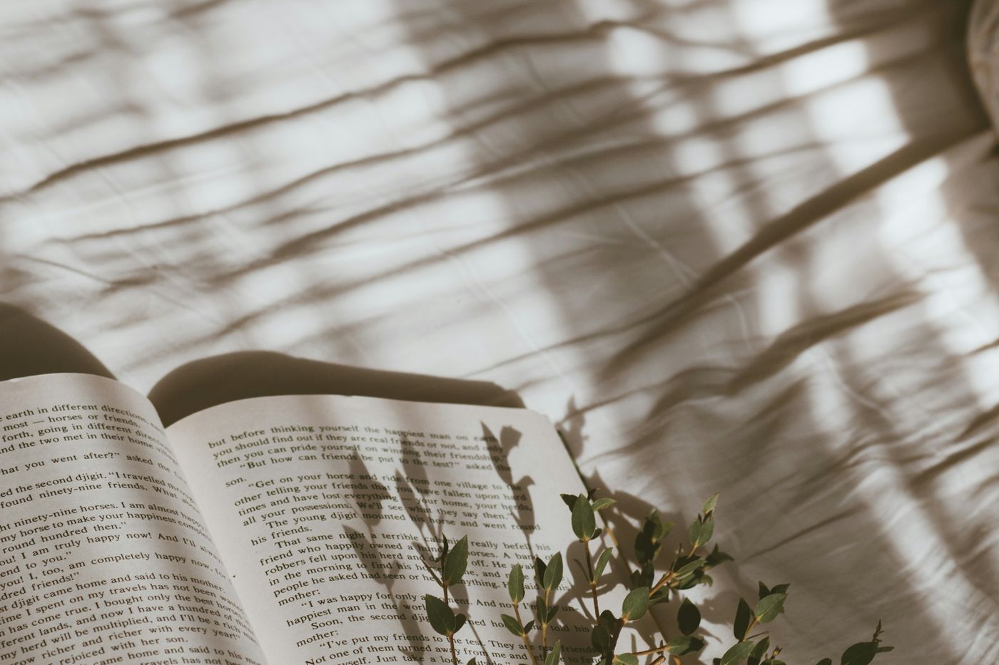 An open book and a sprig of greenery resting on linen sheets